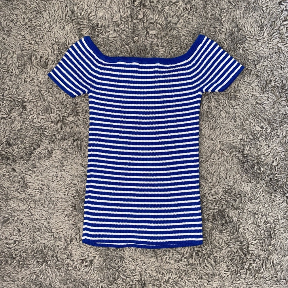 Madewell striped off the shoulder blue and white ribbed  top XS